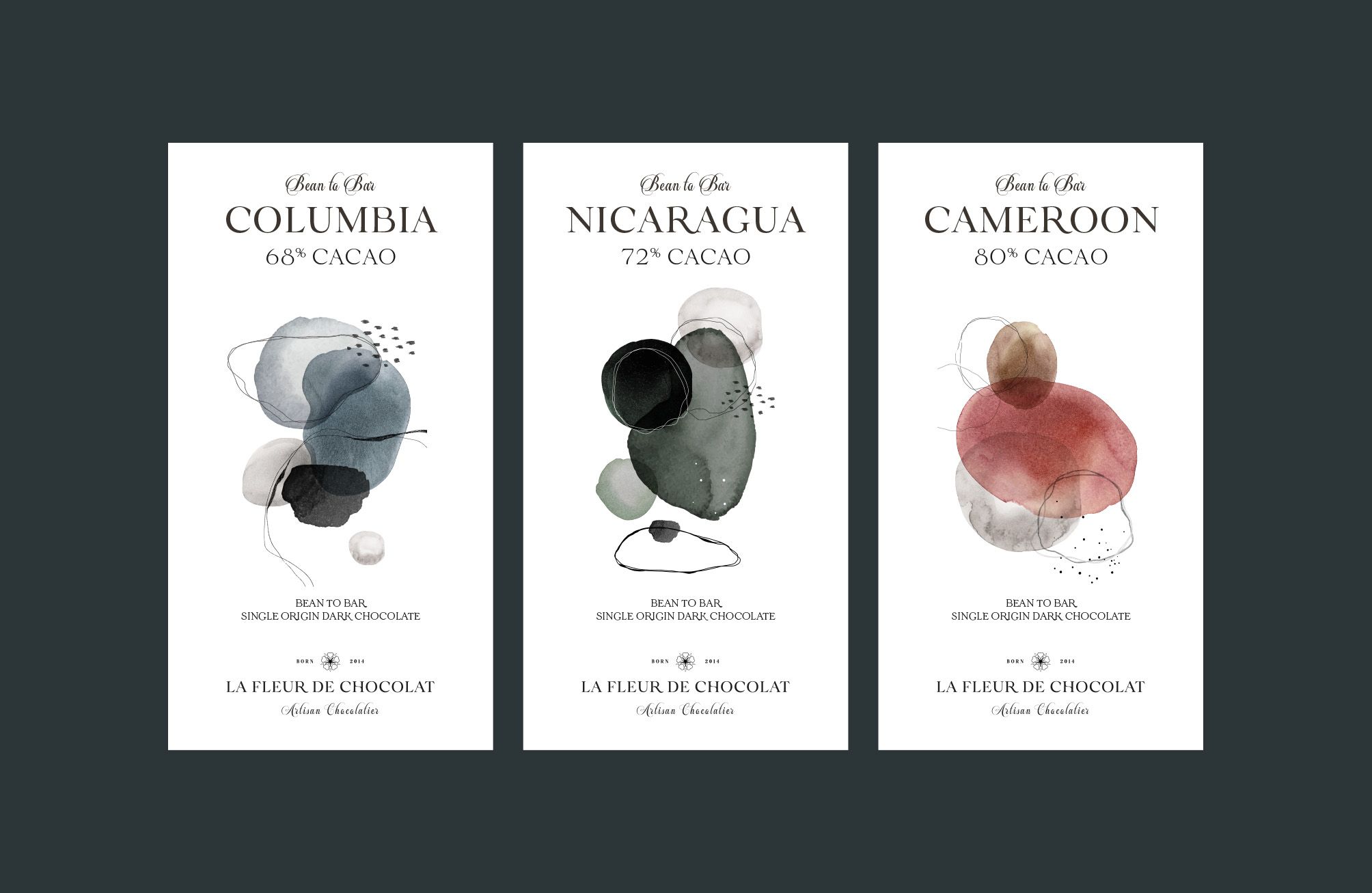 Three luxury designer chocolate bean to bar packaging in a line