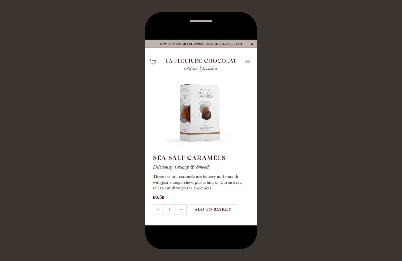 Mobile phone mock up of chocolate website