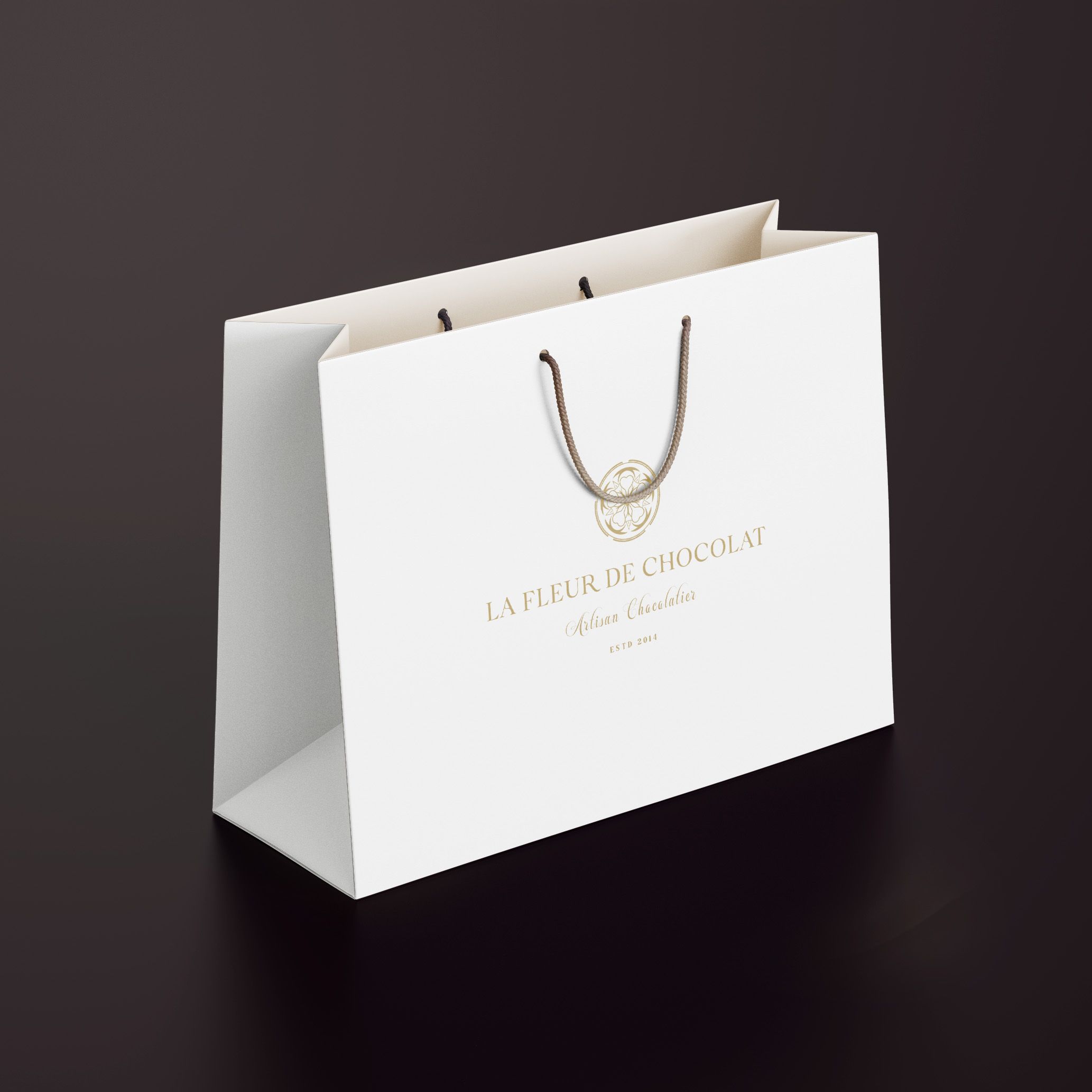 Luxury chocolate branded bag, white with gold foiled logo